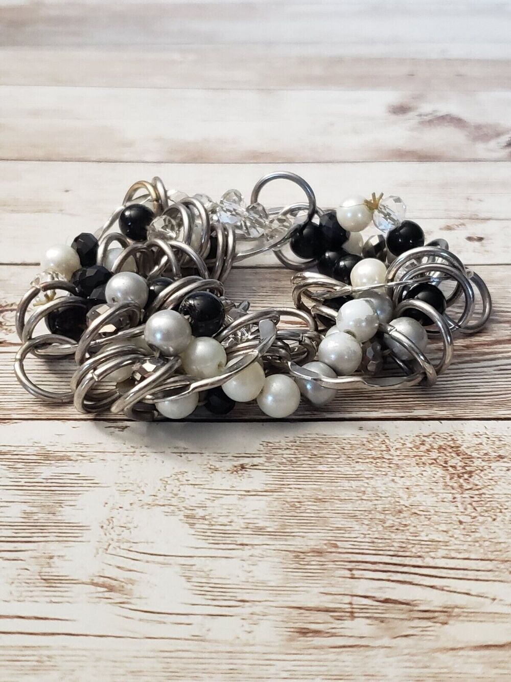 Vintage Stretch Bracelet / Bangle - Multi Material & Circles Statement Bracelet